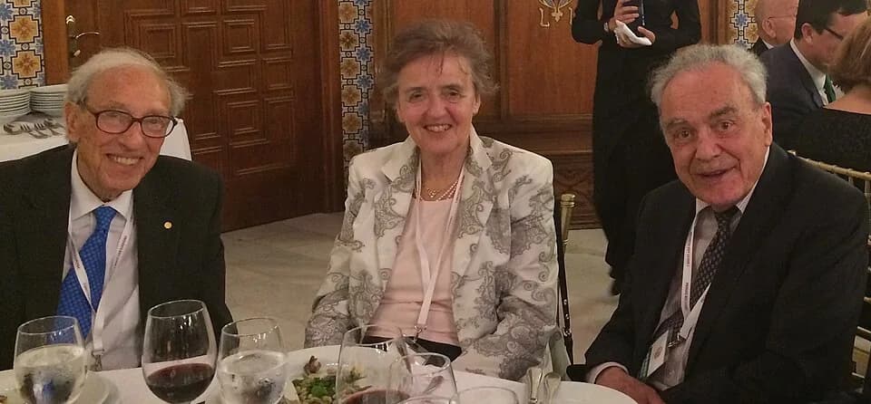 Edmond H. Fischer - Nobel laureates Edmond Fischer (left) and Werner Arber (right) with Mrs. Arber, June 2016 in Valencia, Spain