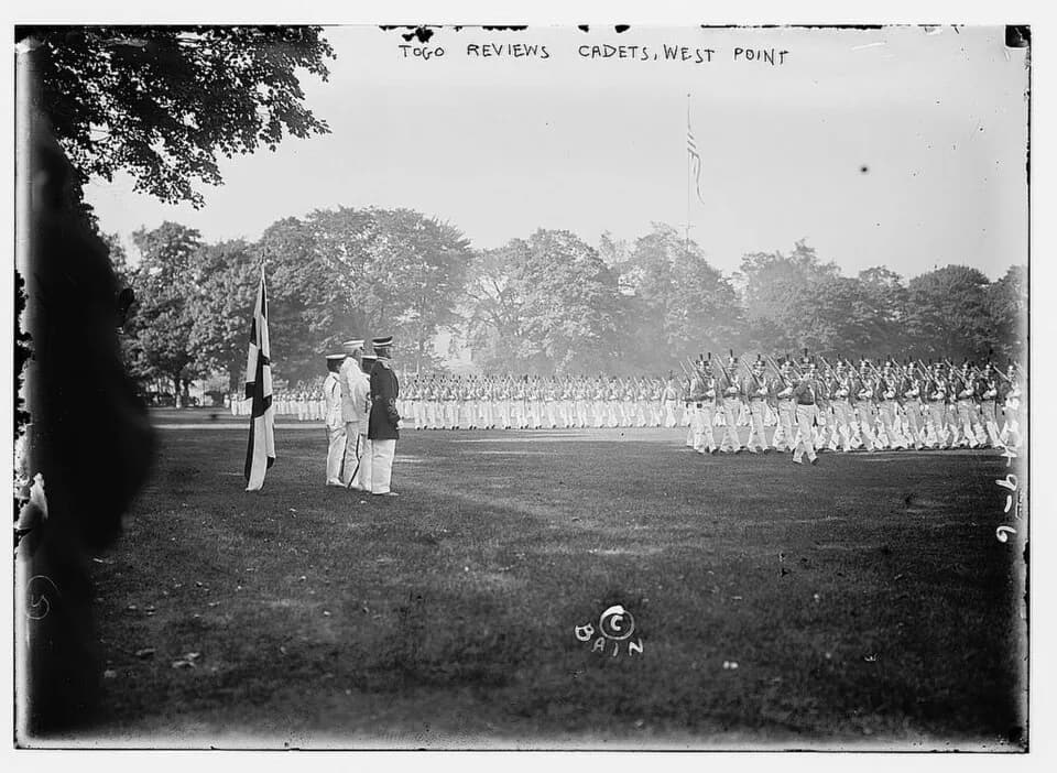 Tōgō Heihachirō - Bain News Service,, publisher.
Togo Reviews cadets, W. Point
[between ca. 1910 and ca. 1915]
1 negative : glass ; 5 x 7 in. or smaller.
Notes:
 Title from unverified data provided by