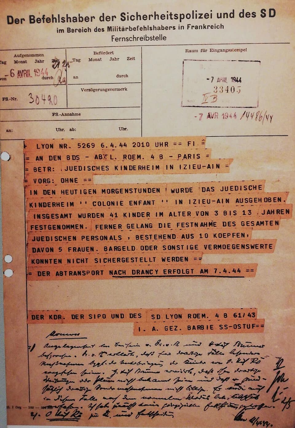 Klaus Barbie - annonce par le Sichersheitspolizei (commandant de la police de sécurité de Lyon) de l'arrestation des enfants d'Izieu.