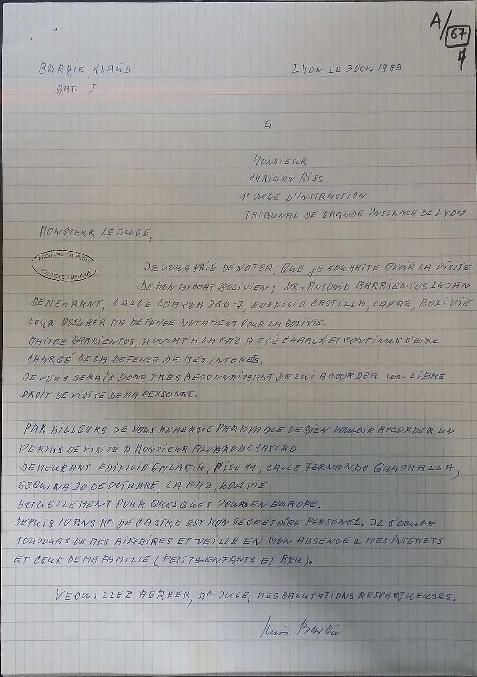 Klaus Barbie - Demande de Klaus Barbie à Christian Riss, juge d'instruction, pour le droit de visite de son avocat bolivien Antonio Barrientos, et de son secrétaire personnel, Alvaro de Catro. Lettre 