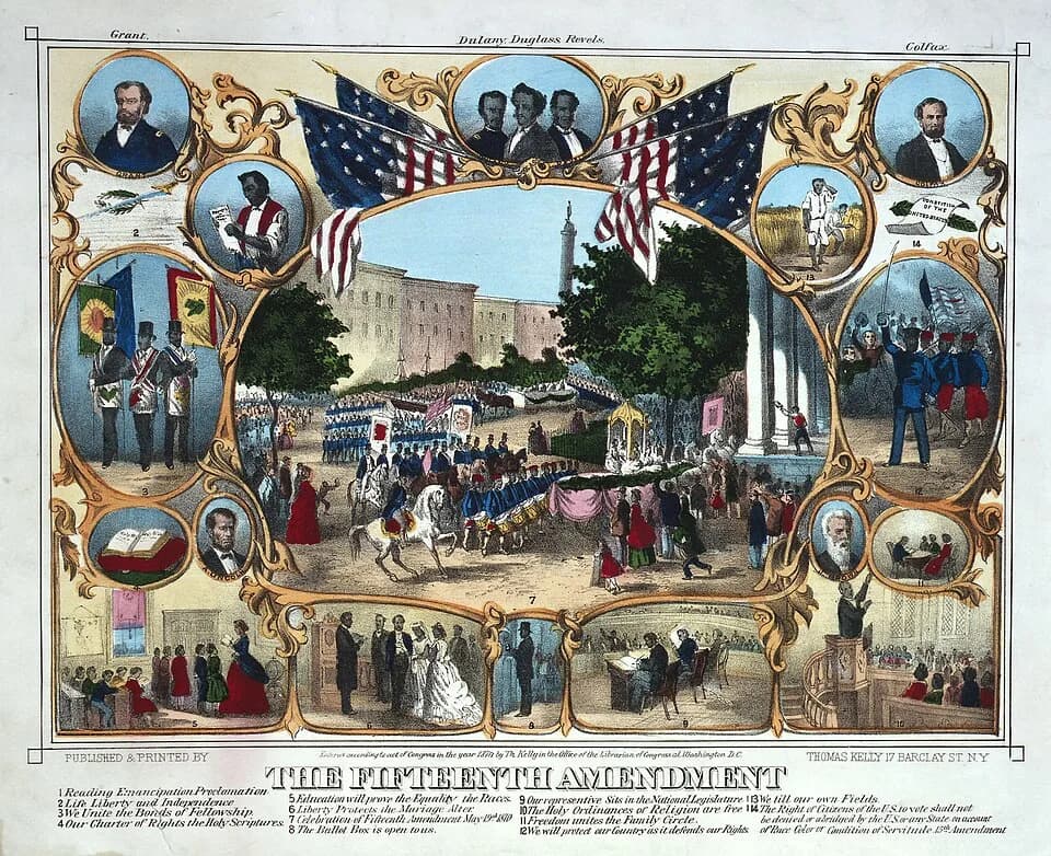 Schuyler Colfax - "The Fifteenth Amendment", an 1870 print celebrating the passage of the Fifteenth Amendment to the United States Constitution in February 1870, and the advancements that African-Amer