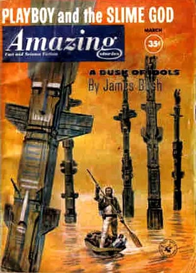Isaac Asimov - Amazing Stories, March 1961.  Published by Ziff-Davis. Art by Leo Summers.  Advertises Isaac Asimov humorous short story, illustrates James Blish story.  Source is isfdb.org.
Works copy
