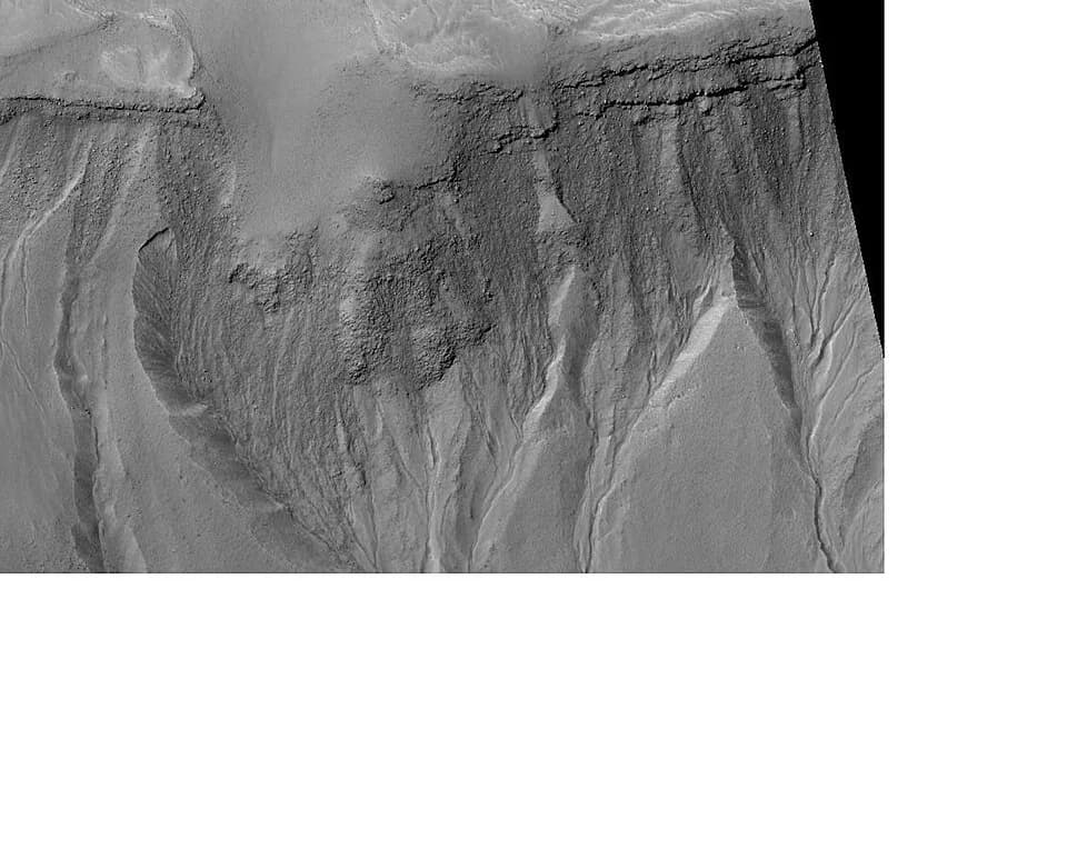 Isaac Asimov - Close-up of Asimov Crater, as seen by hirise.  Gully is on the wall of a large deposit within the crater.  Location is 47.5 S and 5.5 E.