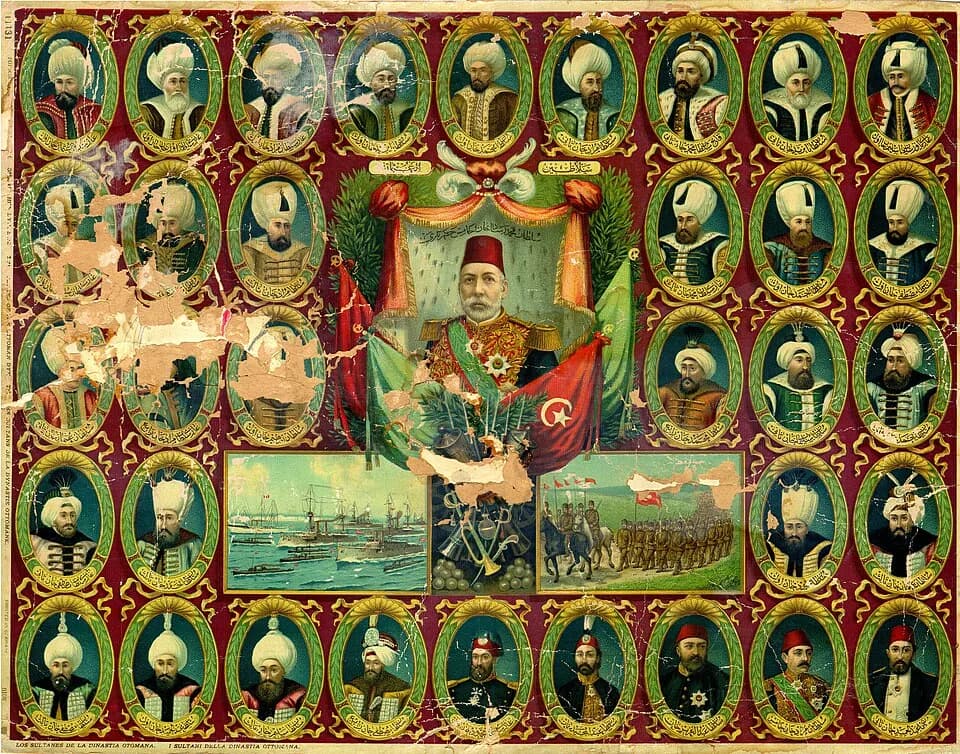 Mehmed IV - Poster showing Sultans of the Ottoman Dynasty, from Osman I (upper left corner) to Mehmed V (large portrait in the center). The text on the left and lower left of the poster reads: THE SUL