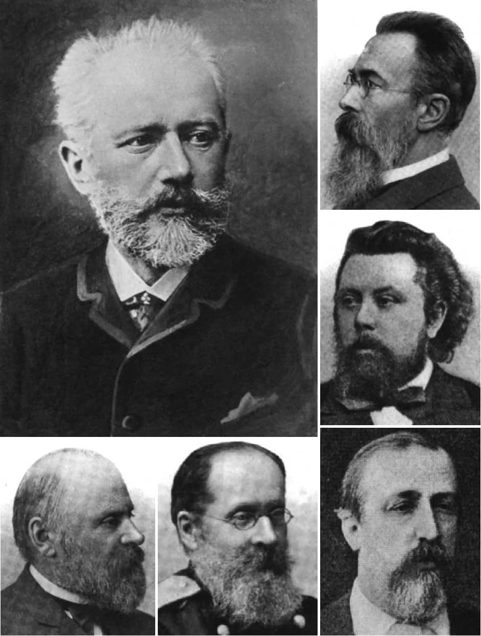 Mily Balakirev - Images of Pyotr Ilyich Tchaikovsky (large) and members of The Five: (counter-clockwise from bottom left) Mily Balakirev, César Cui, Alexander Borodin, Modest Mussorgsky, and Nikolai R