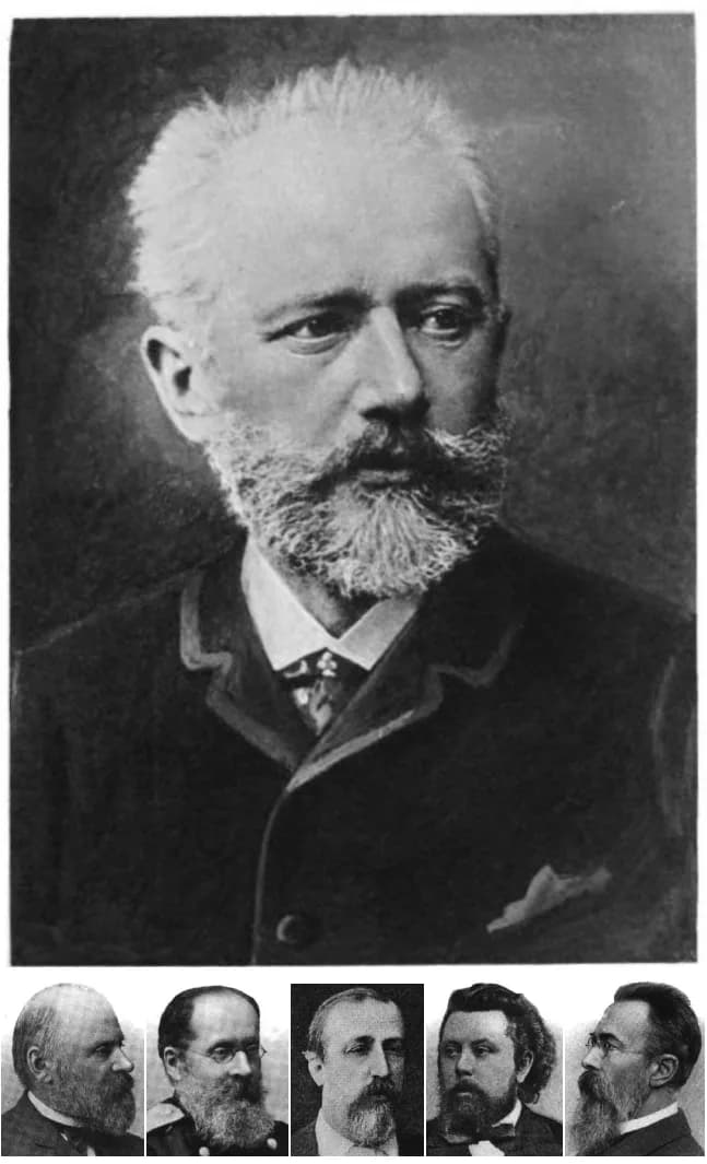 Mily Balakirev - Images of Pyotr Ilyich Tchaikovsky (large) and members of The Five: (left to right at bottom) Mily Balakirev, César Cui, Alexander Borodin, Modest Mussorgsky, and Nikolai Rimsky-Korsa