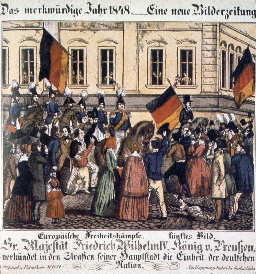 Frederick William IV of Prussia - Frederick William IV, riding through the streets of Berlin, proclaims the unity of the German nation in 1848. Coloured drawing (1848) from the Neuruppiner Bilderbogen