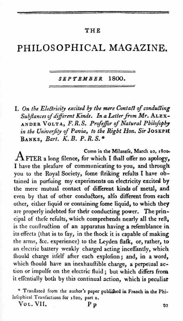 Alessandro Volta - first page of Volta dissertation on electricity