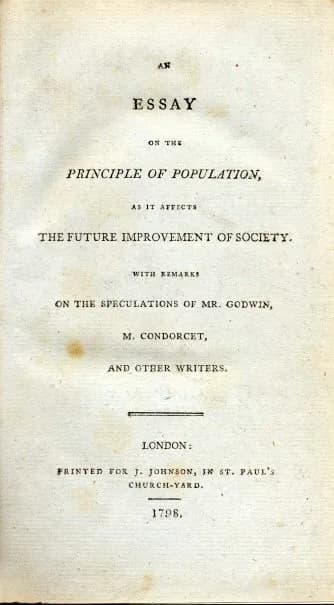 Thomas Robert Malthus - Title page of en:Thomas Robert Malthus's en:An Essay on the Principle of Population, J. Johnson, London, 1798.
Immediate image source: Leeds University Library.