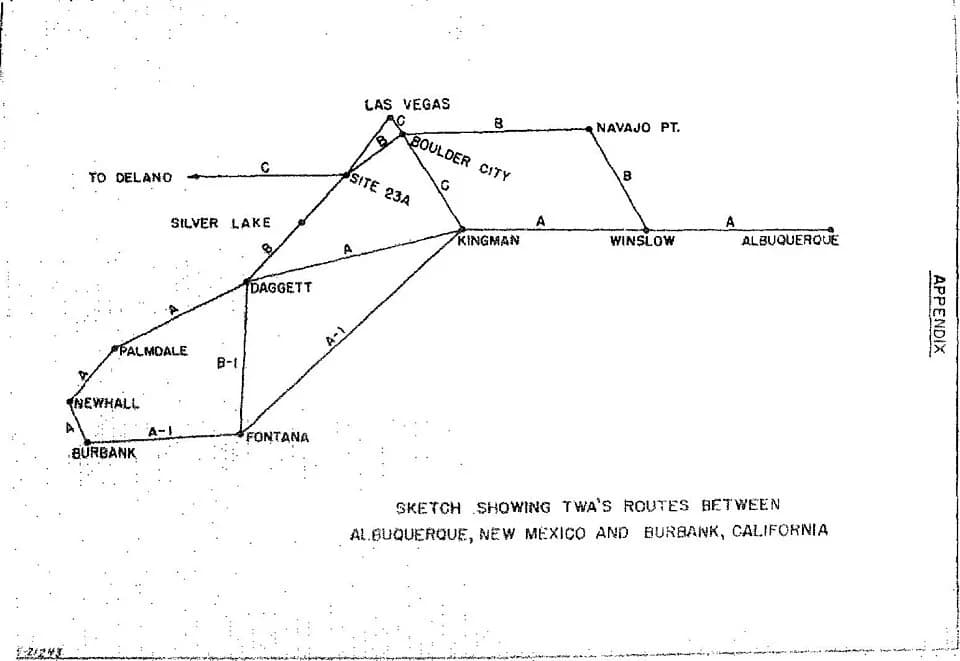 Carole Lombard - SKETCH SHOWING TWA'S ROUTES BETWEEN ALBUQUERQUE, NEW MEXICO AND BURBANK, CALIFORNIA