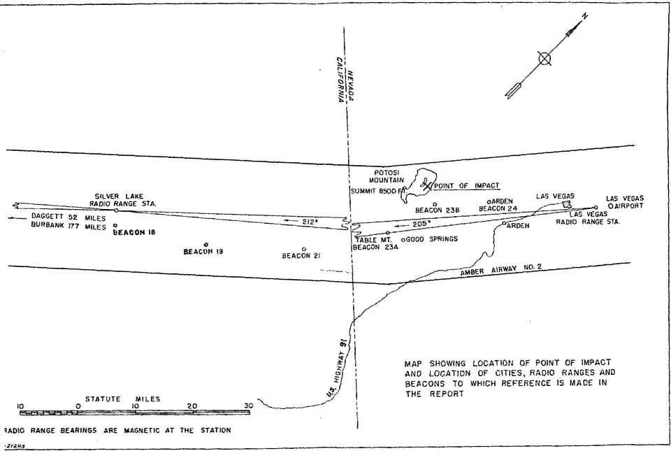 Carole Lombard - MAP SHOWING LOCATION OF POINT OF IMPACT AND LOCATION OF CITIES, RADIO RANGES AND BEACONS TO WHICH REFERENCE IS MADE IN THE REPORT