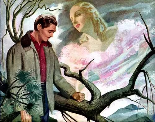 Carole Lombard - Illustration by William Rose for the story "Clark Remembers Lombard" (author unknown) in The American Weekly. Depicts actors Clark Gable and Carole Lombard, who were married from 1939