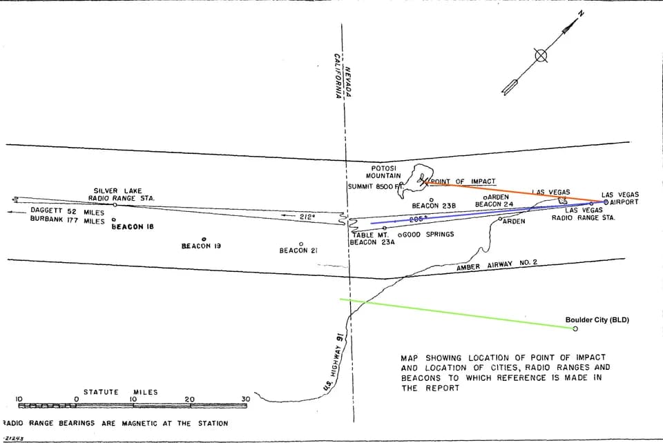 Carole Lombard - Diagram showing path of TWA flight 3 from Las Vegas to its crash point