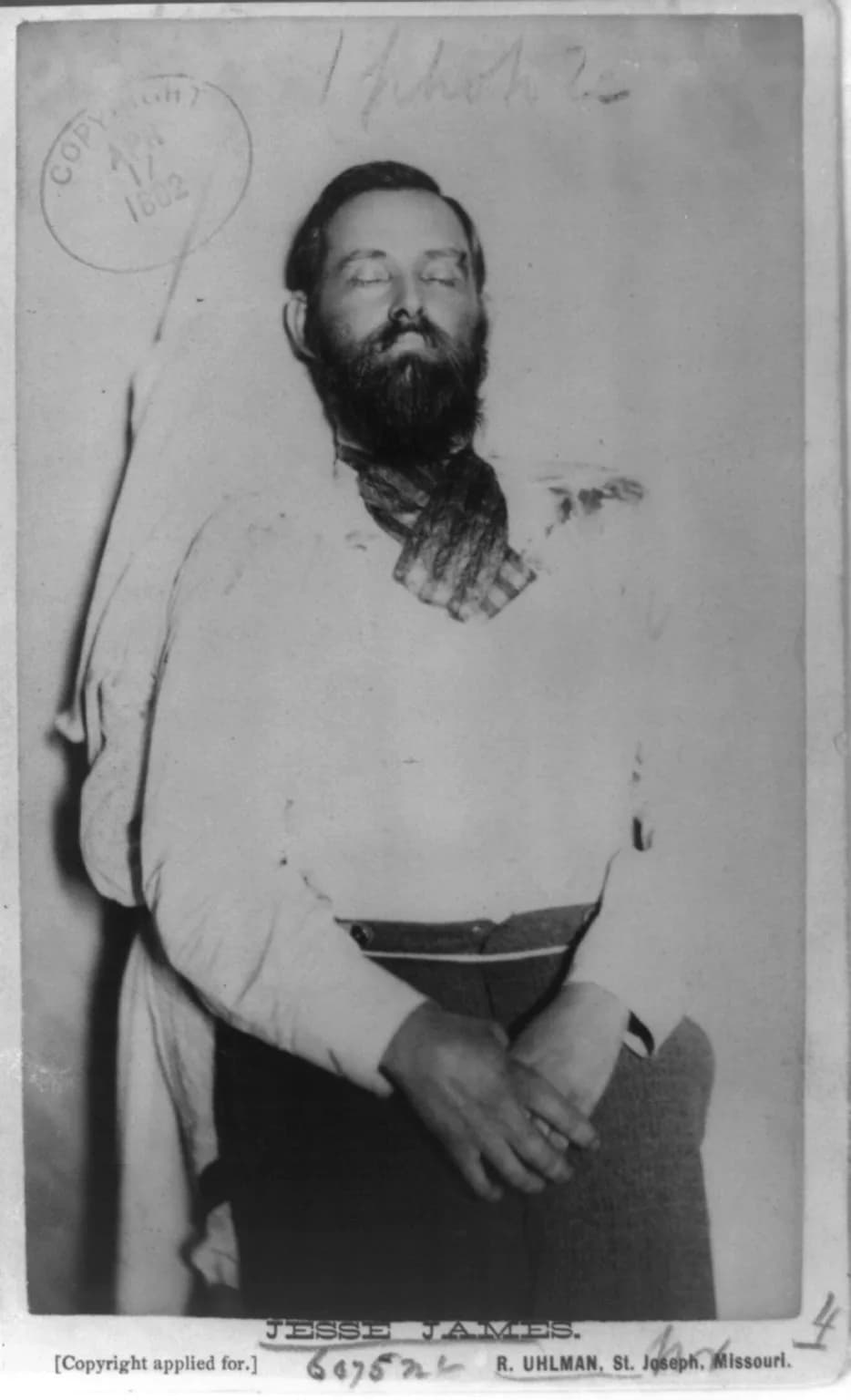 Jesse James - Cabinet card depicting corpse of Jesse James.