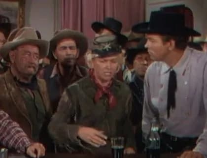 Doris Day - L. to R. (foreground) : Chubby Johnson, Doris Day &amp; Howard Keel in Calamity Jane - trailer (cropped screenshot)