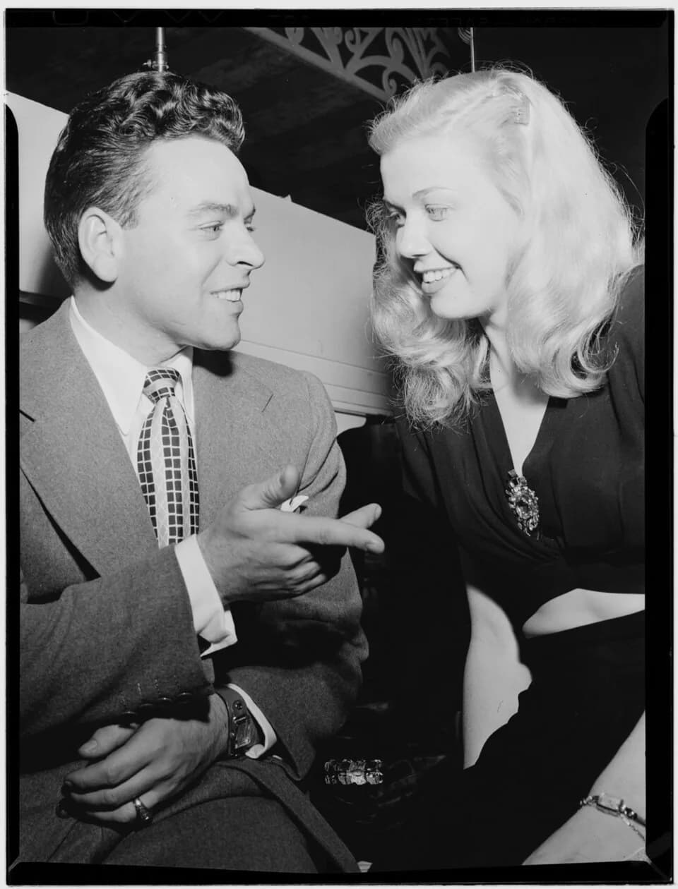 Doris Day - Gottlieb, William P., 1917-, photographer.
[Portrait of Doris Day and Les Brown, Aquarium, New York, N.Y., ca. July 1946]
1 negative :  b&amp;w ; 3 1/4 x 4 1/4 in.
Caption from Down Beat: 