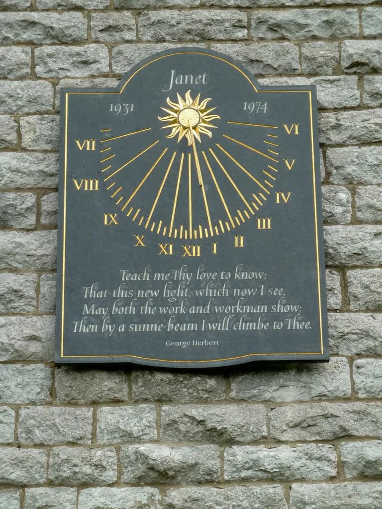 George Herbert - Vertical sundial on St Anne's parish church, Over Haddon, Derbyshire
Data from Geograph:
Description: The sundial is in memory of Janet Wadsworth, a local resident. It was made by Dav