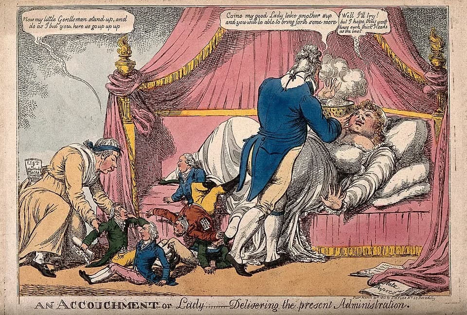 George Canning - The Regent approaching Lady Hertford who is giving birth to fully dressed little men, Perceval (dressed as a nurse) helps them stand up; satirizing additions to the ministry after the