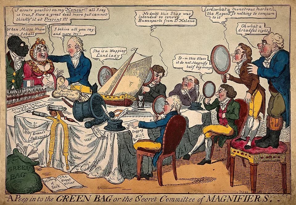 George Canning - A group of politicians around a table examining witnesses and jumbled exhibits; satirizing the Green Bag Committee. Coloured etching by L. Marks, 1817.

Iconographic Collections
Keywo