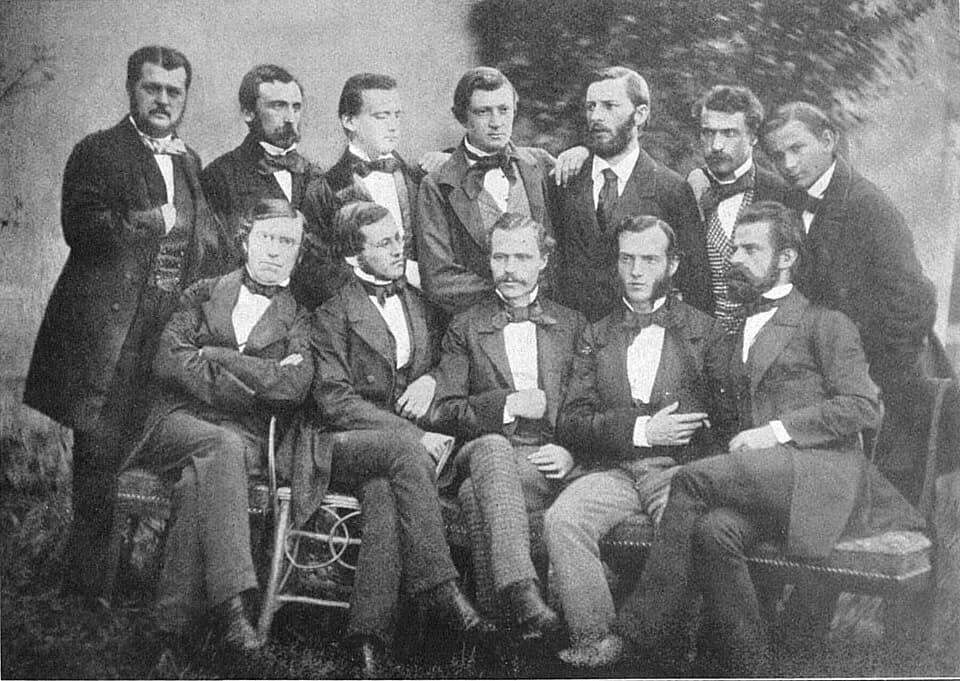 Lothar Meyer - Mitarbeiter von Robert Bunsen (* 30. März 1811 in Göttingen; † 16. August 1899 in Heidelberg), Mittagstischgemeinschaft in Heidelberg
stehend, vlnr:
Ernest Gaupillat (Paris), Sohn von