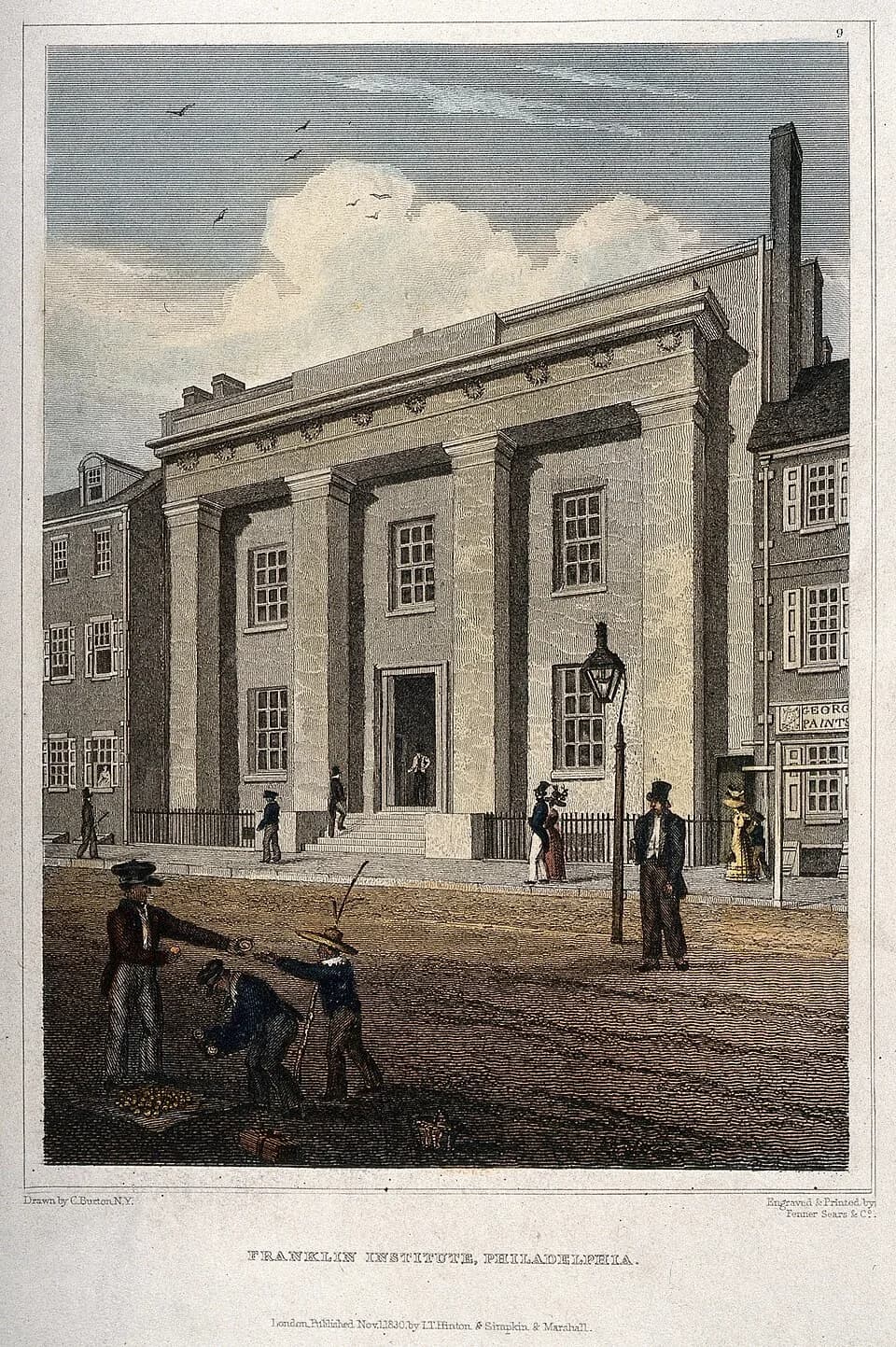 Benjamin Franklin - Franklin Institute, Philadelphia. Coloured engraving by Fenner Sears &amp; Co., 1830, after C. Burton.

Iconographic Collections
Keywords: C. Burton; Benjamin Franklin; Fenner Sear