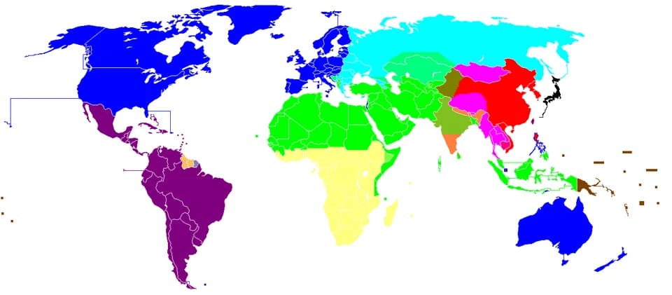 Samuel P. Huntington - Colour Key
Blue = Western
Light Blue = Orthodox
Green = Islamic 
Yellow = African
Purple = Latin American
Red = Sinic
Orange = Hindu
Pink = Buddhist
Black = Japanese
Brown = Pac