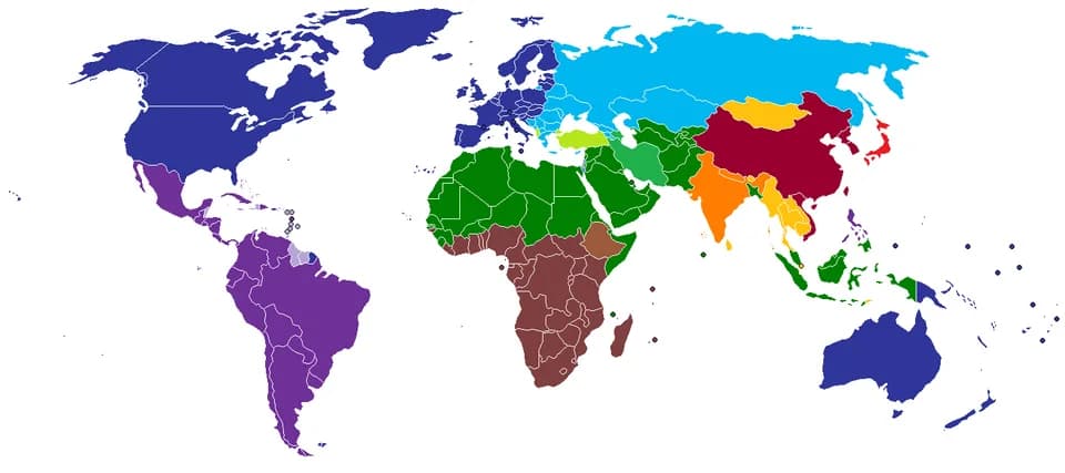 Samuel P. Huntington - A map of civilizations, loosely based (see below) on Huntington's 1996 "Clash of Civilizations" (p. 26).
The NINE "civilizations" identified by Huntington are:

  Western
  Lati