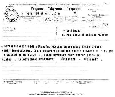 Vladimir Lenin - Telegramm von Lenin an Henri Guilbeaux 6. April 1917. Siehe de:Henri Guilbeaux}Text:partons demain midi allemagne platten accompagne train priere venir immediatement frais couvrirons 