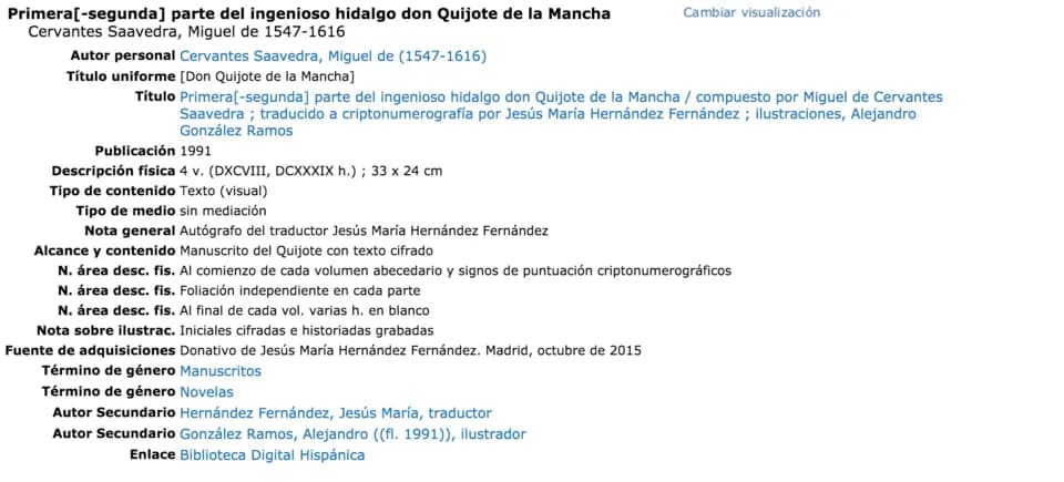 Miguel de Cervantes - Datos del registro en el catálogo de la Biblioteca Nacional de España