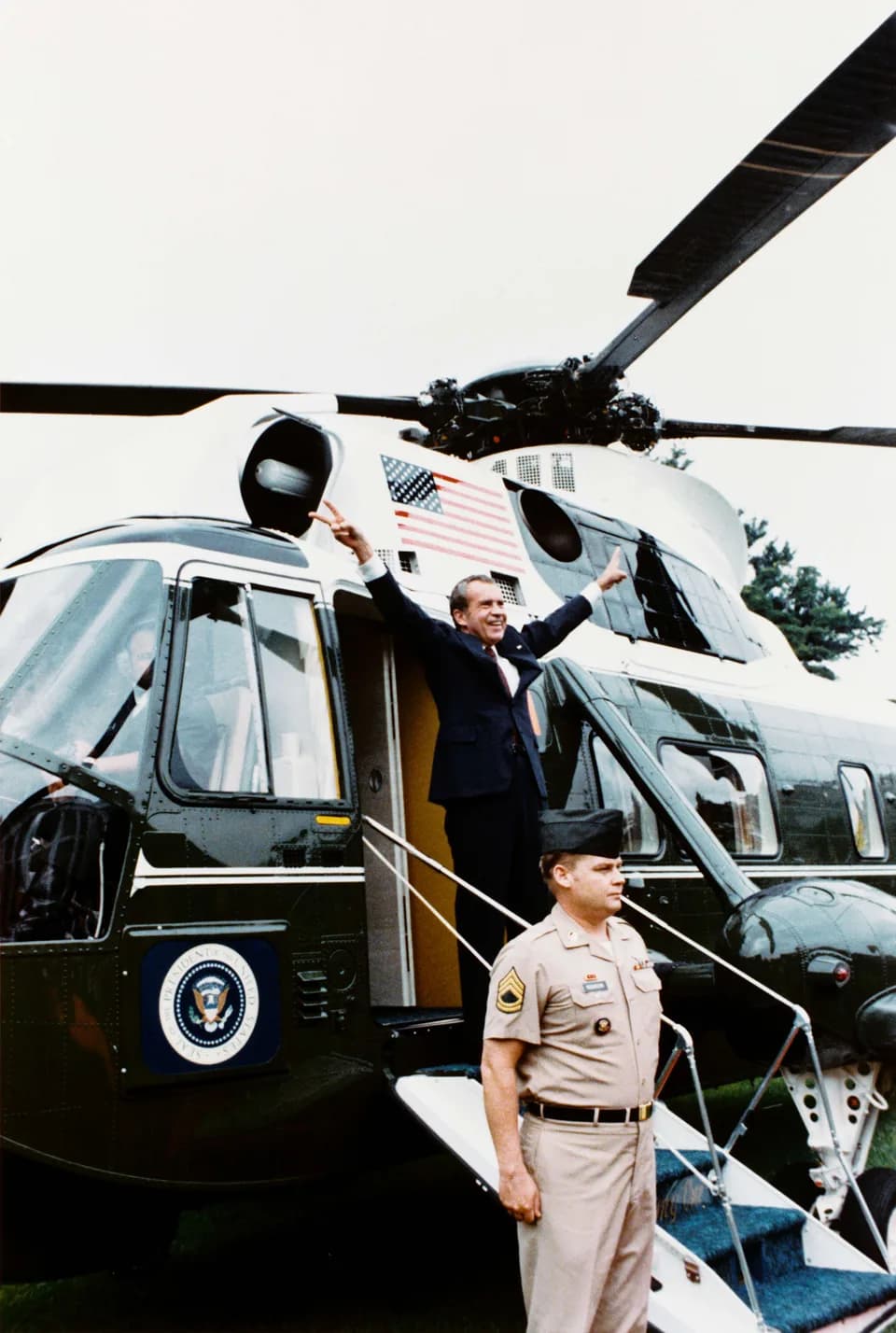 Richard Nixon - Richard Nixon boarding Army One upon his departure from the White House after resigning the office of President of the United States following the Watergate Scandal in 1974.