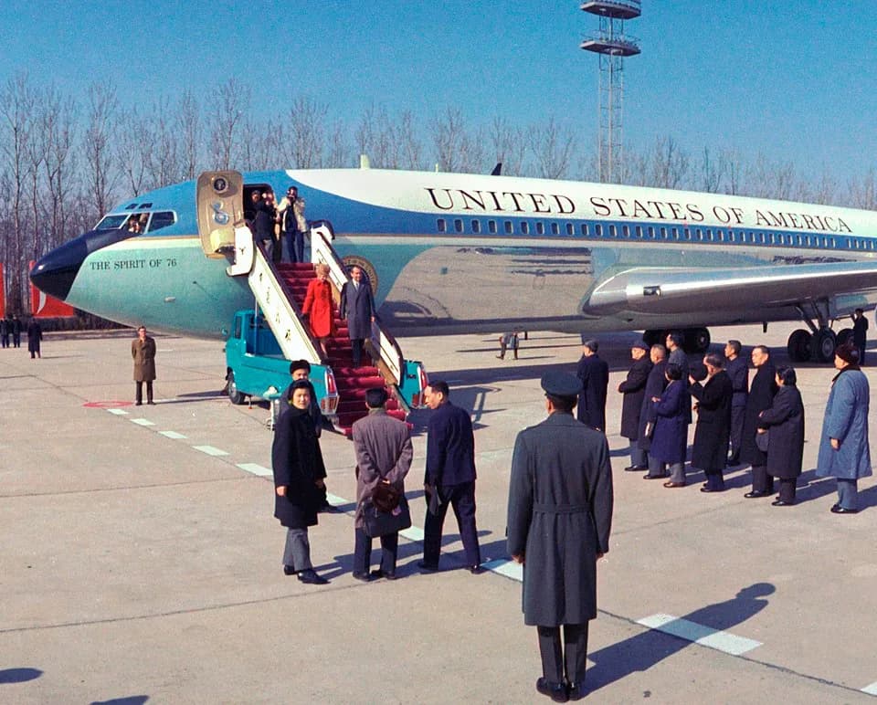 Richard Nixon - The Nixons disembark from Air Force One upon their arrival in China, 1972.