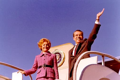 Richard Nixon - Nixon and Pat emerge from his plane, the "Spirit of '76," while campaigning, 1972.
