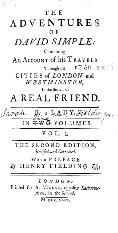 Henry Fielding - Title page from Sarah Fielding's Adventures of David Simple, second edition