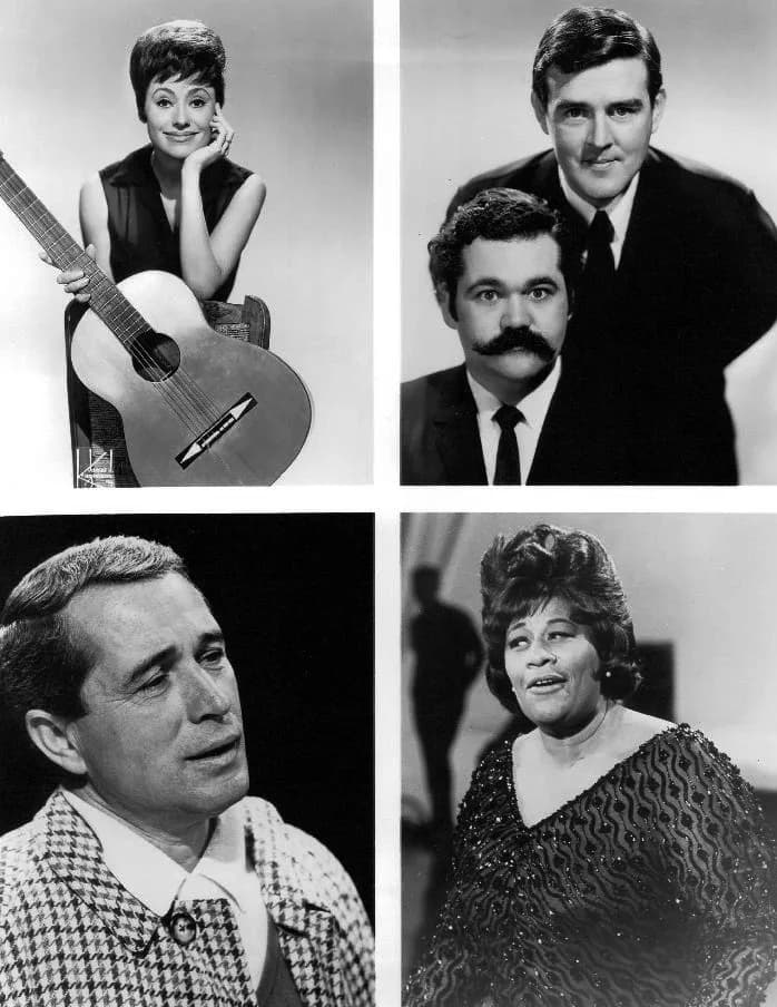 Ella Fitzgerald - Composite photo from the television program Perry Como's Kraft Music Hall.  Como and his guests are pictured.  Top, from left-Caterina Valente, Avery Schreiber and Jack Burns.  Botto