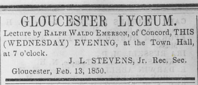 Ralph Waldo Emerson - Newspaper item related to the Gloucester Lyceum, Massachusetts, USA