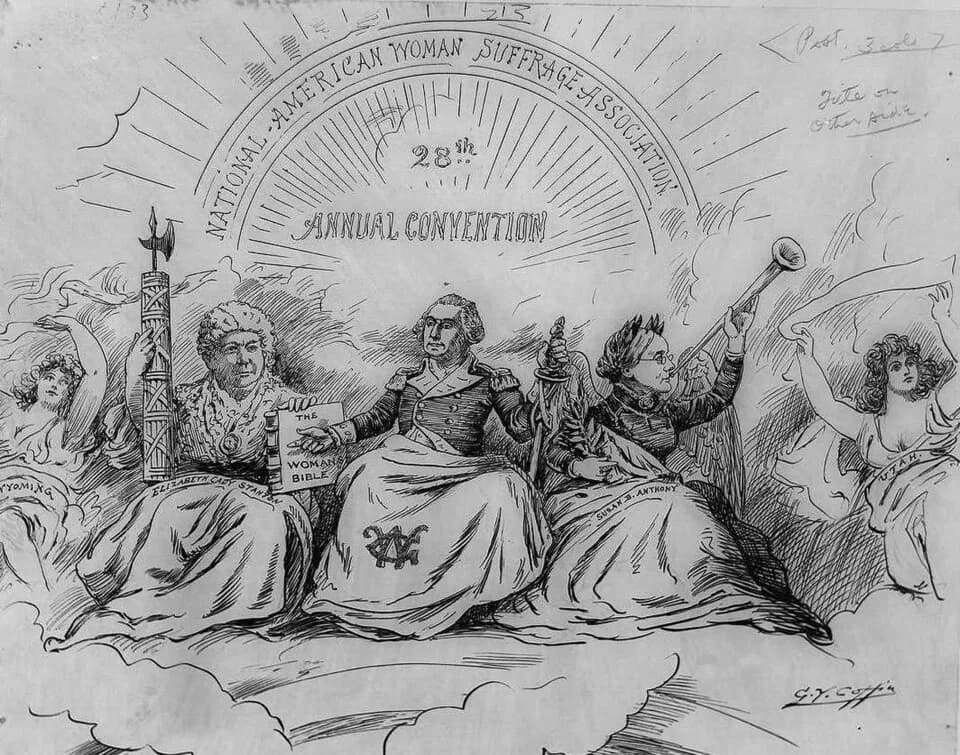Susan B. Anthony - A cartoon drawing "The apotheosis of suffrage." Caption: "From the famous fresco by Brumidi in the Rotunda of the Capital."