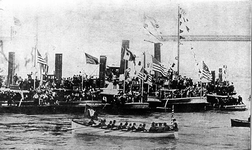 Benjamin Harrison - President Harrison being rowed ashore at foot of Wall Street, New York, April 29, 1889.
