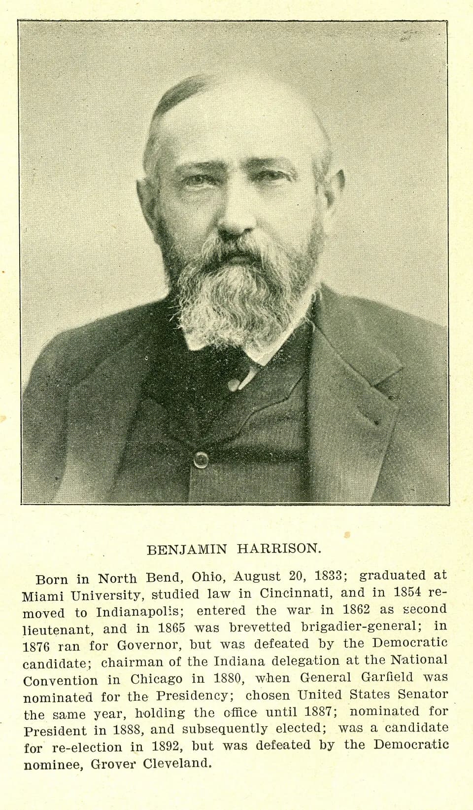 Benjamin Harrison - Benjamin Harrison (1833-1901), U.S. Senator from Indiana; President of the United States, 1889-93.
Image from "The Parties and The Men, or, Political Issues of 1896 ... The Issues 