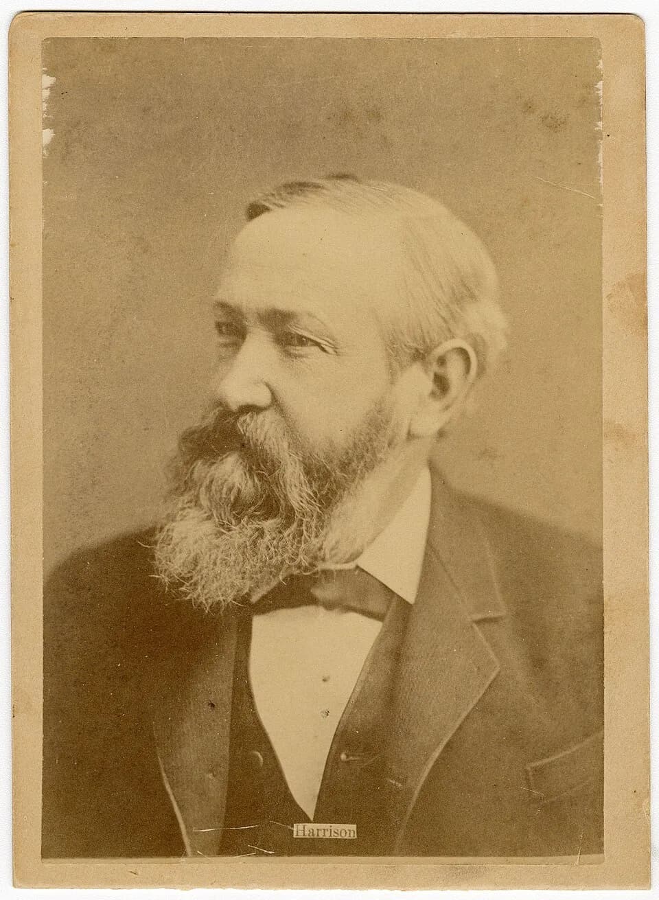 Benjamin Harrison - Sepia tone, light mat photograph of Benjamin Harrison.