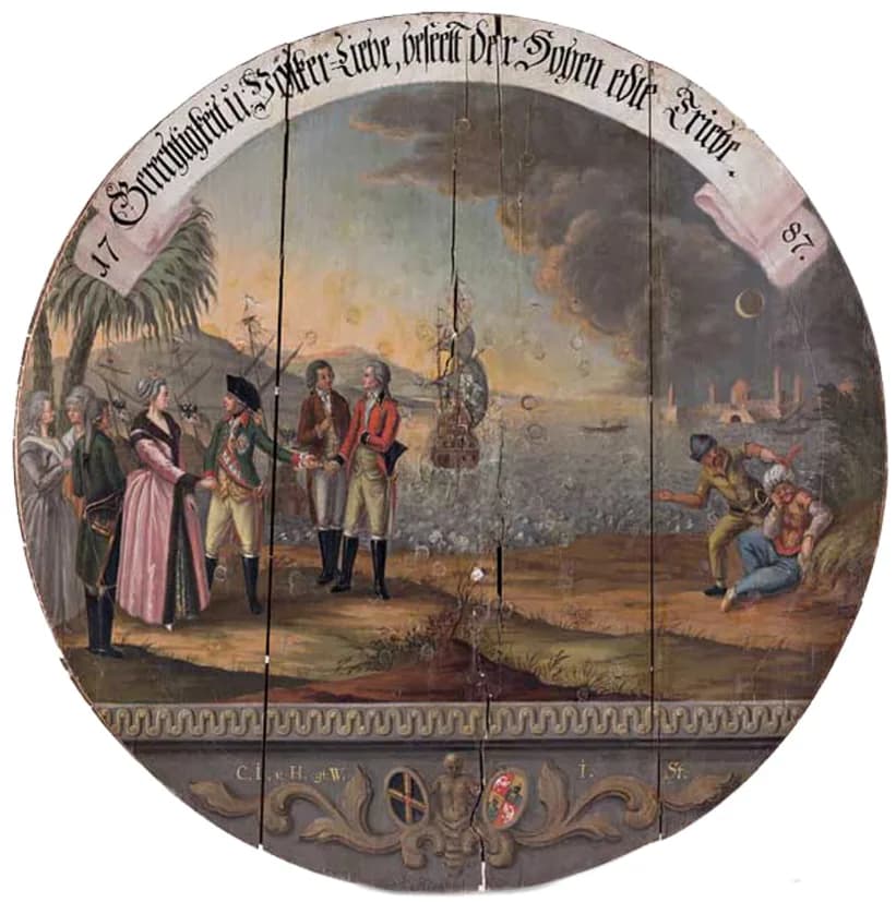 Joseph II, Holy Roman Emperor - Schützenscheibe "1787 Gerechtigkeit u. Völker-Liebe, beseelt der hohen edle Triebe". Begegnung Katharinas II. mit Joseph II. im Jahr 1787. Öl auf Holz. Ø 98 cm.