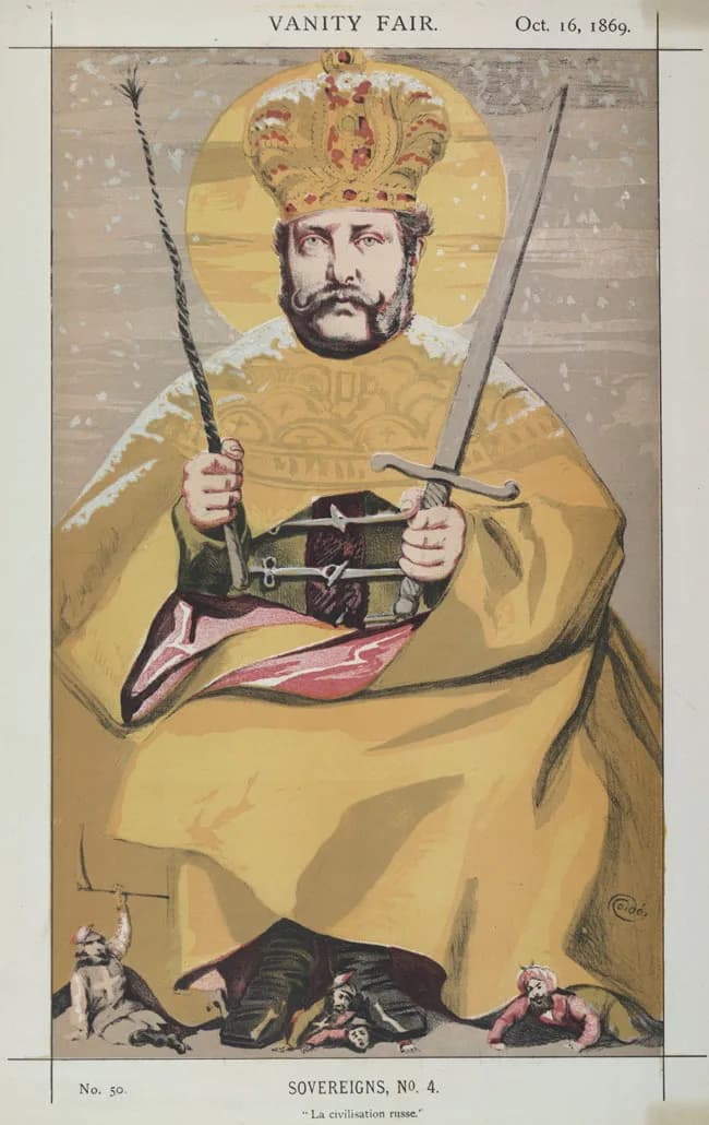Alexander II of Russia - Sovereigns No.4: Caricature of Alexander II of Russia. Caption reads "La civilisation Russe".