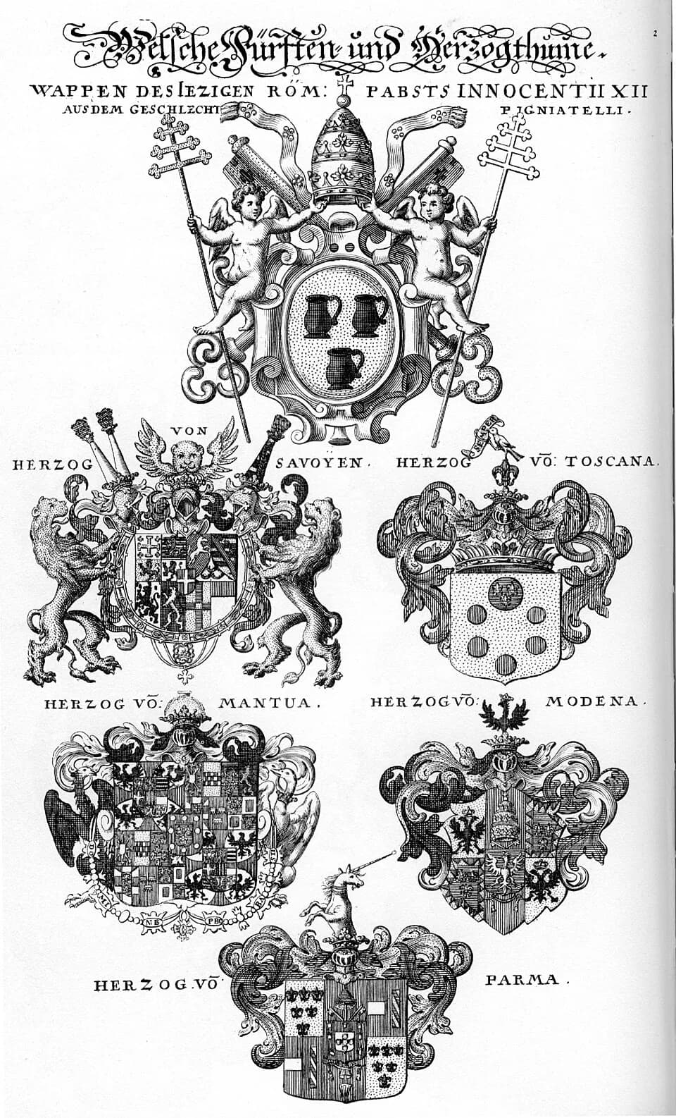 Innocent XII - Siebmachers Wappenbuch, Tafeln der 9. Ausgabe 1701 und der 10. Ausgabe 1705, nach dem Faksimile von 1975. Tafel aus dem Anhang zu Teil 6.