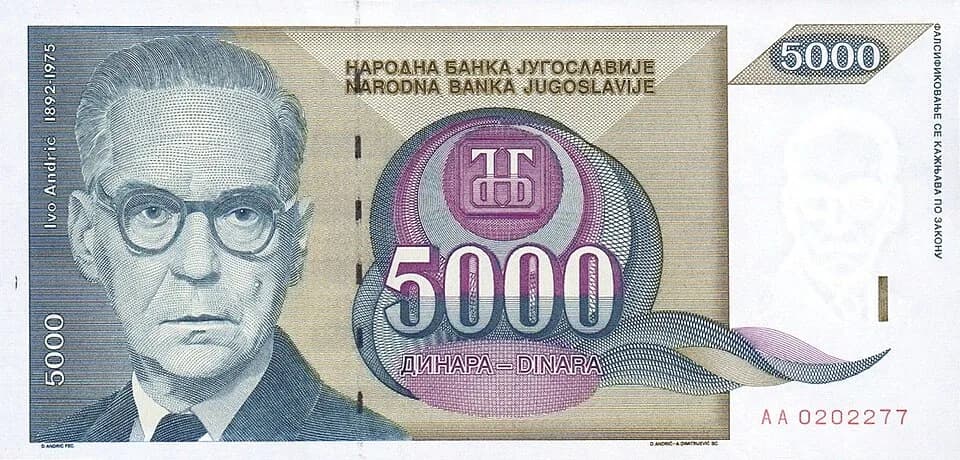 Ivo Andrić - 5000 Yugoslav dinars (1992)