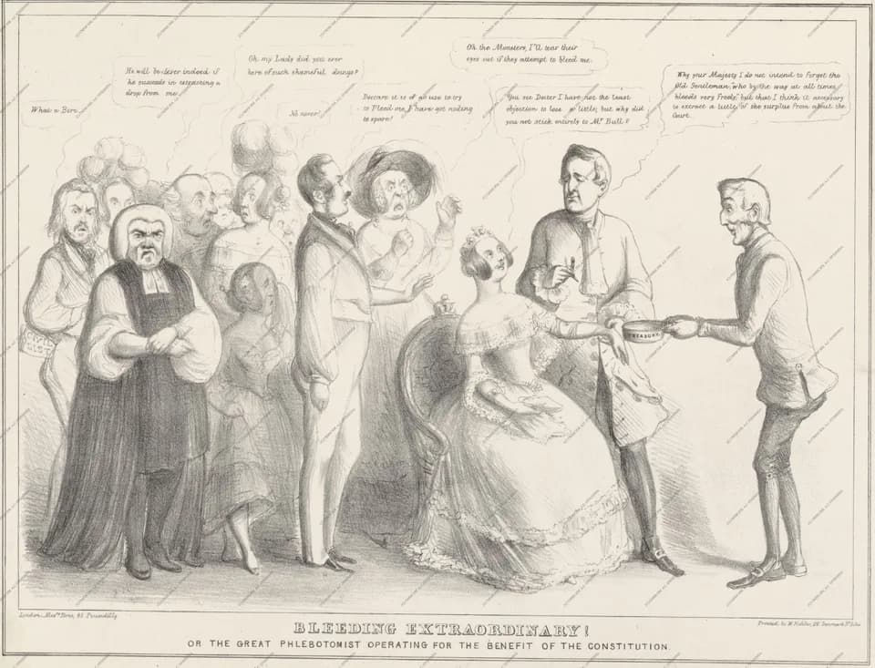 Arthur Wellesley, 1st Duke of Wellington - BLEEDING EXTRAORDINARY! OR THE GREAT PHLEBOTOMIST OPERATING FOR THE BENEFIT OF THE CONSTITUTION.
Text from left to right (spelling is exactly as printed):

C