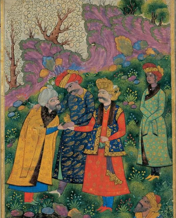 Mahmud of Ghazni - Mahmoud & Ayaz, and Shah Abbas. The Sultan (in a red robe) is to the right, shaking the hand of the sheykh, with Ayaz (in green robe) standing behind him. The figure to his righ