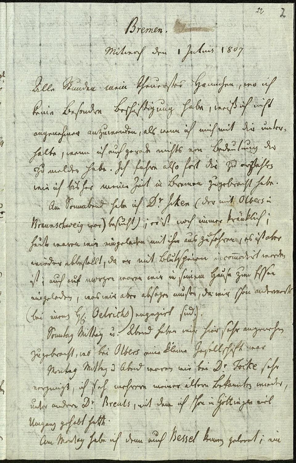 Carl Friedrich Gauss - Brief von Carl Friedrich Gauss an seine Frau Johanna Gauß geb. Osthoff vom 1. Juli 1807, Seite 1 von 4.