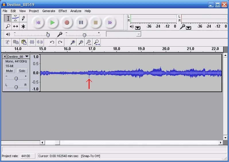 Antonín Dvořák - Audacity screenshot pointing out one typical appearance of a click. Figure 1 in File:Wikivoices 48 - Part 1.ogg