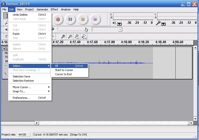 Antonín Dvořák - Audacity screenshot showing where Select All is in the edit menu. Figure 7 in File:Wikivoices 48 - Part 1.ogg