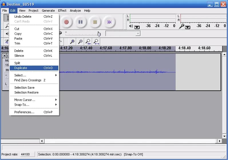 Antonín Dvořák - Audacity screenshot showing where Duplicate is in the edit menu. Figure 8 in File:Wikivoices 48 - Part 1.ogg