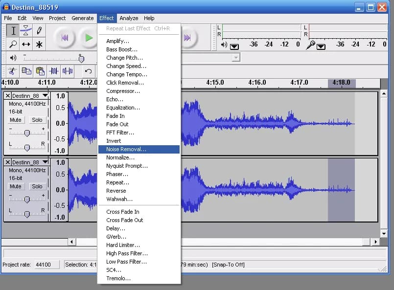 Antonín Dvořák - Audacity screenshot showing where to find the noise removal tool. Figure 10 in File:Wikivoices 48 - Part 1.ogg